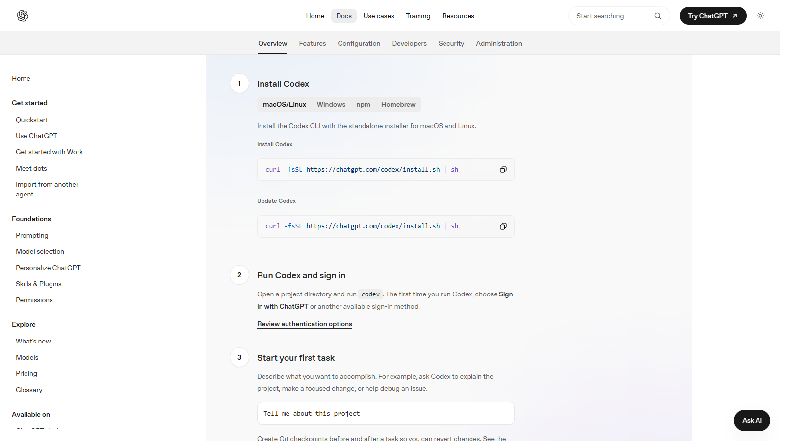 OpenAI Codex CLI 官方安装命令所在页面的完整 1600×900 视口